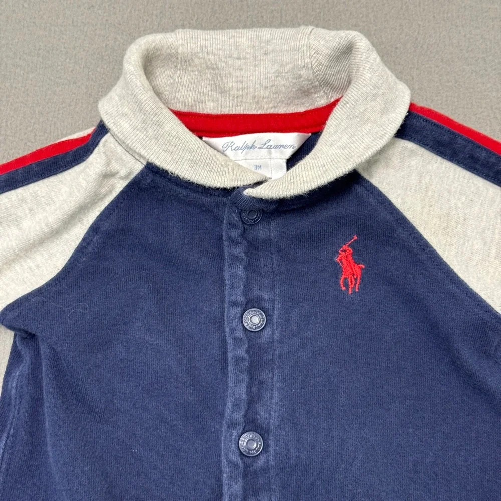 Ralph Lauren Footed Coverall Baby 3M Navy Blue Cotton Raglan Pony Logo Romper